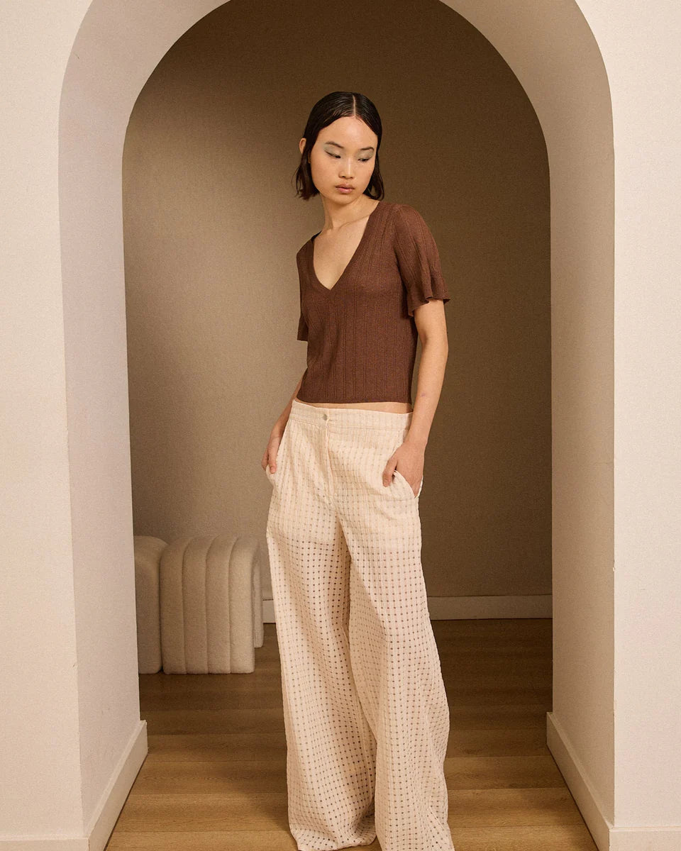 Pantalón ancho cuadros marfil