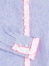 Cargar imagen en el visor de la galería, CAMISA RAYAS AZUL VOLANTES ROSA
