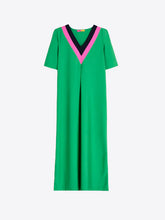 Cargar imagen en el visor de la galería, VESTIDO LARGO VERDE ESCOTE EN V EN CONTRASTE
