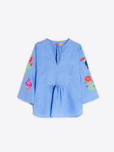 Cargar imagen en el visor de la galería, CAMISA AZUL BORDADOS TROPICALES
