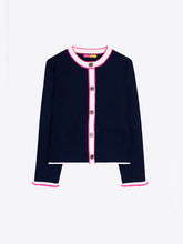 Cargar imagen en el visor de la galería, CARDIGAN AZUL MARINO RIBETE FUCSIA Y CRUDO
