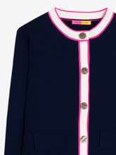 Cargar imagen en el visor de la galería, CARDIGAN AZUL MARINO RIBETE FUCSIA Y CRUDO
