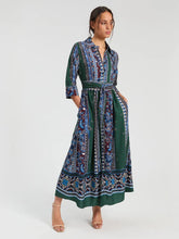 Cargar imagen en el visor de la galería, VESTIDO LARGO CENEFAS Y FLORES AZUL
