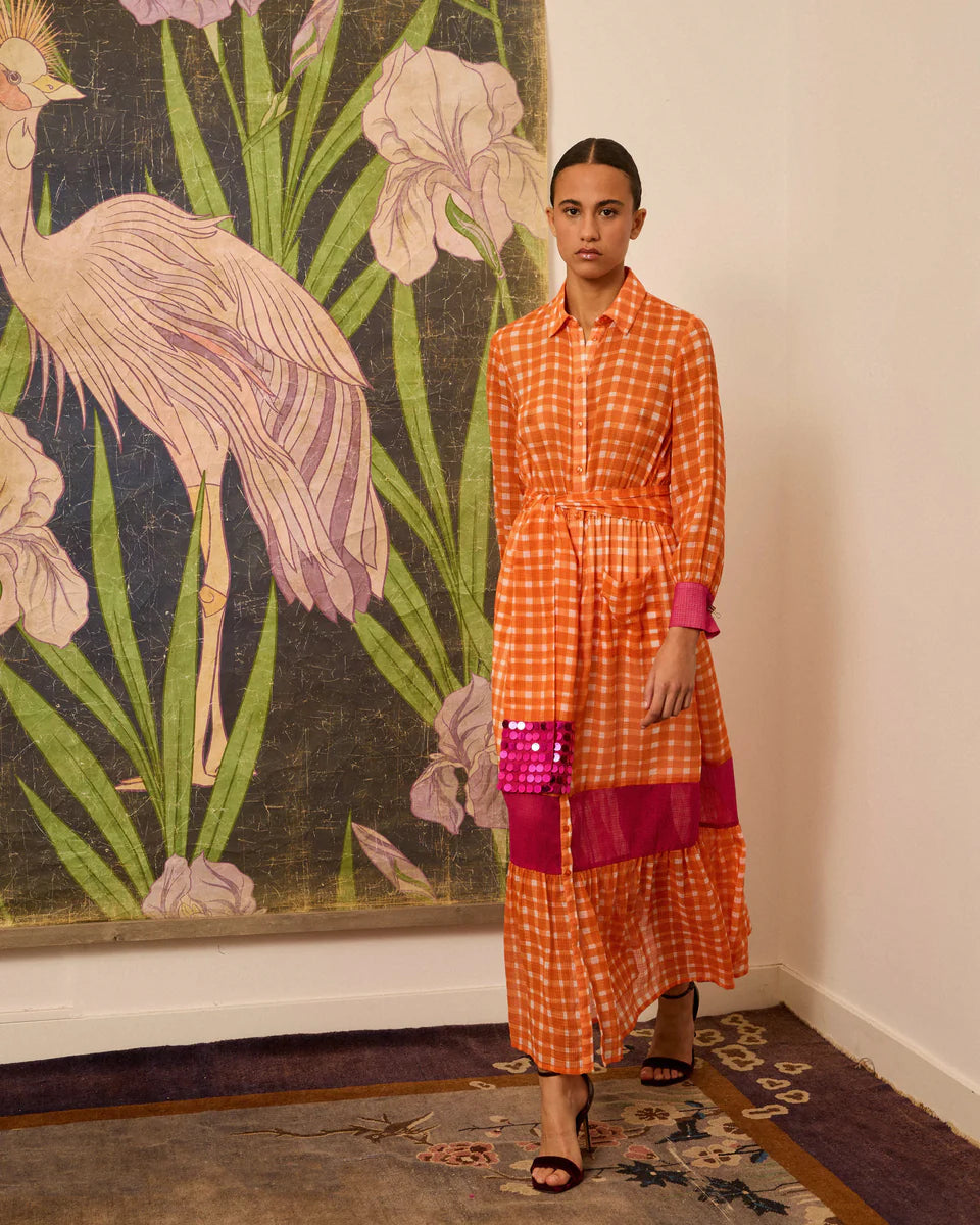 Vestido camisero naranja de cuadros