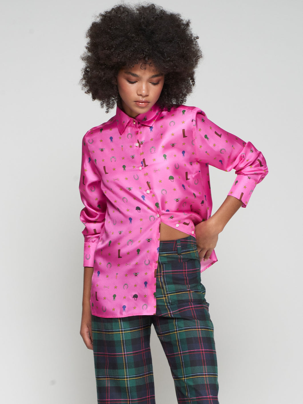 CAMISA SEDA ROSA ESTAMPADO HÍPICA