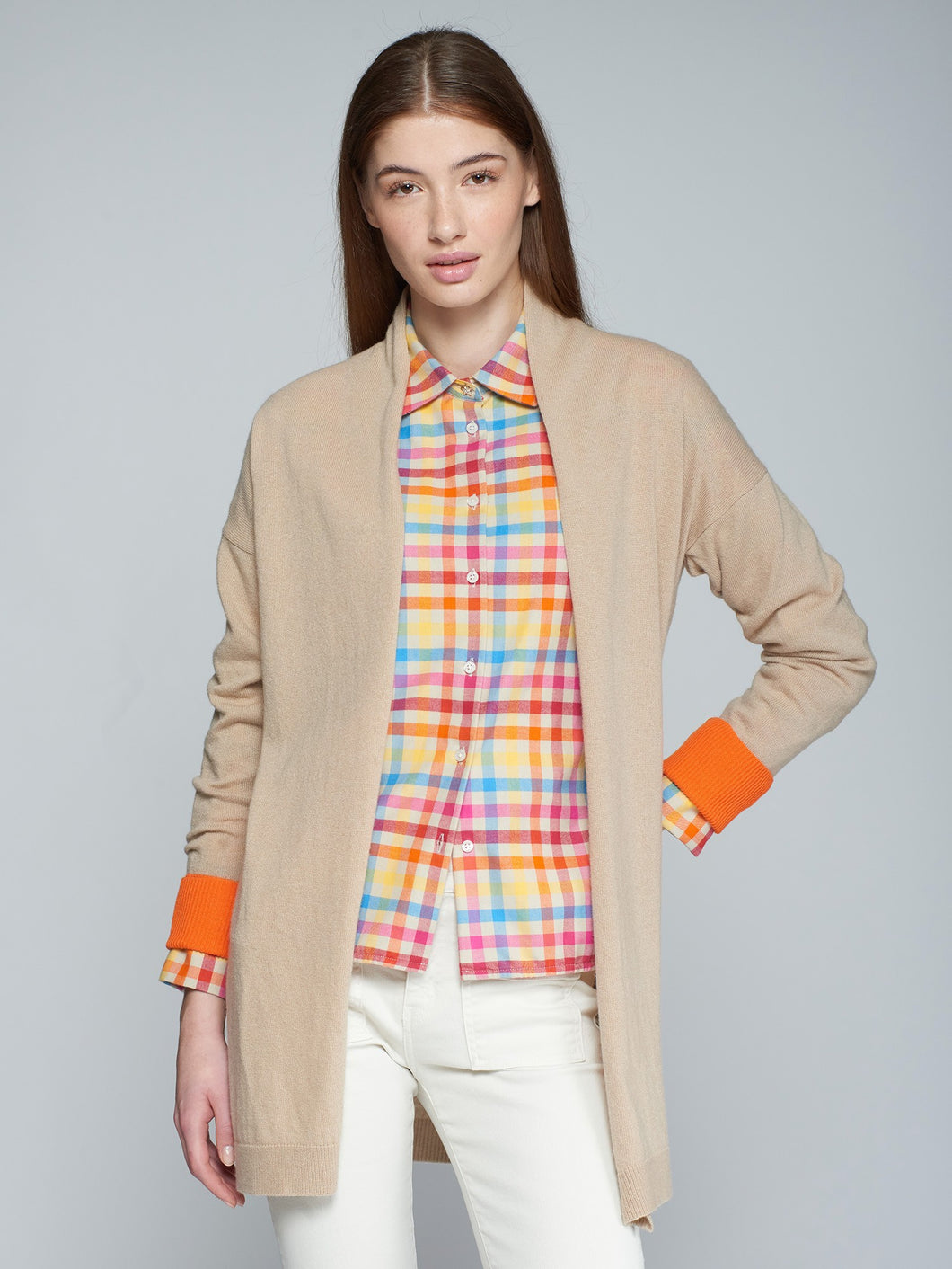 PUNTO CARDIGAN LANA CASH BLEND CAMEL NARANJA NEON