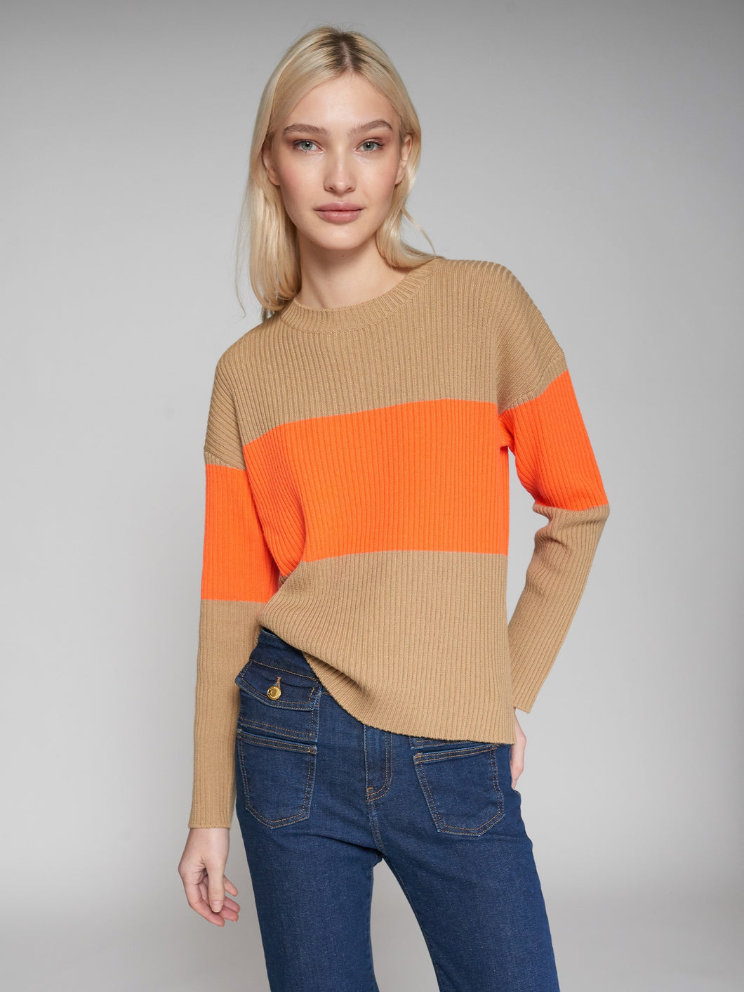 PUNTO PULLOVER COLOR BLOCK ECRU & NARANJA